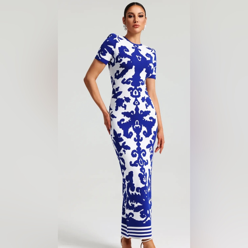 Bella Barnett Lerae Round Neck Short Sleeve Jacquard Bandage Maxi Dress